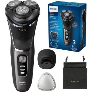 Philips S3343/13 Series 3000 shaver showing the 5D pivot heads and battery indicator.
