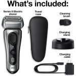 Braun Series 8 8517s electric foil shaver in silver with charging stand and travel case.