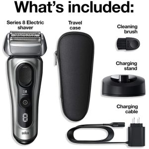 Braun Series 8 8517s electric foil shaver in silver with charging stand and travel case.